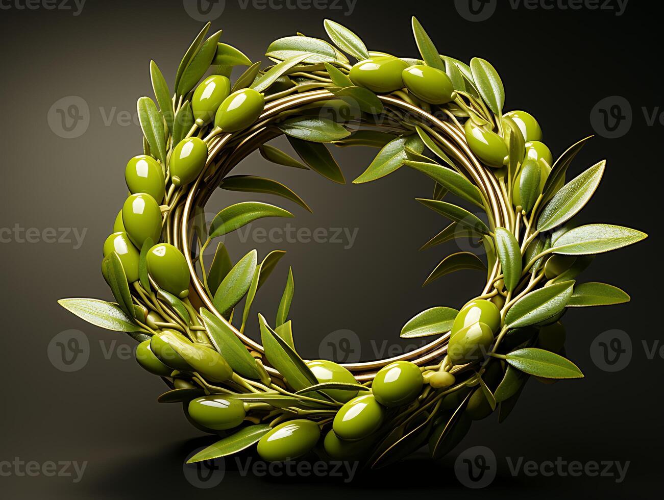 AI generated Nature wreath with green leaves and olives on black background photo