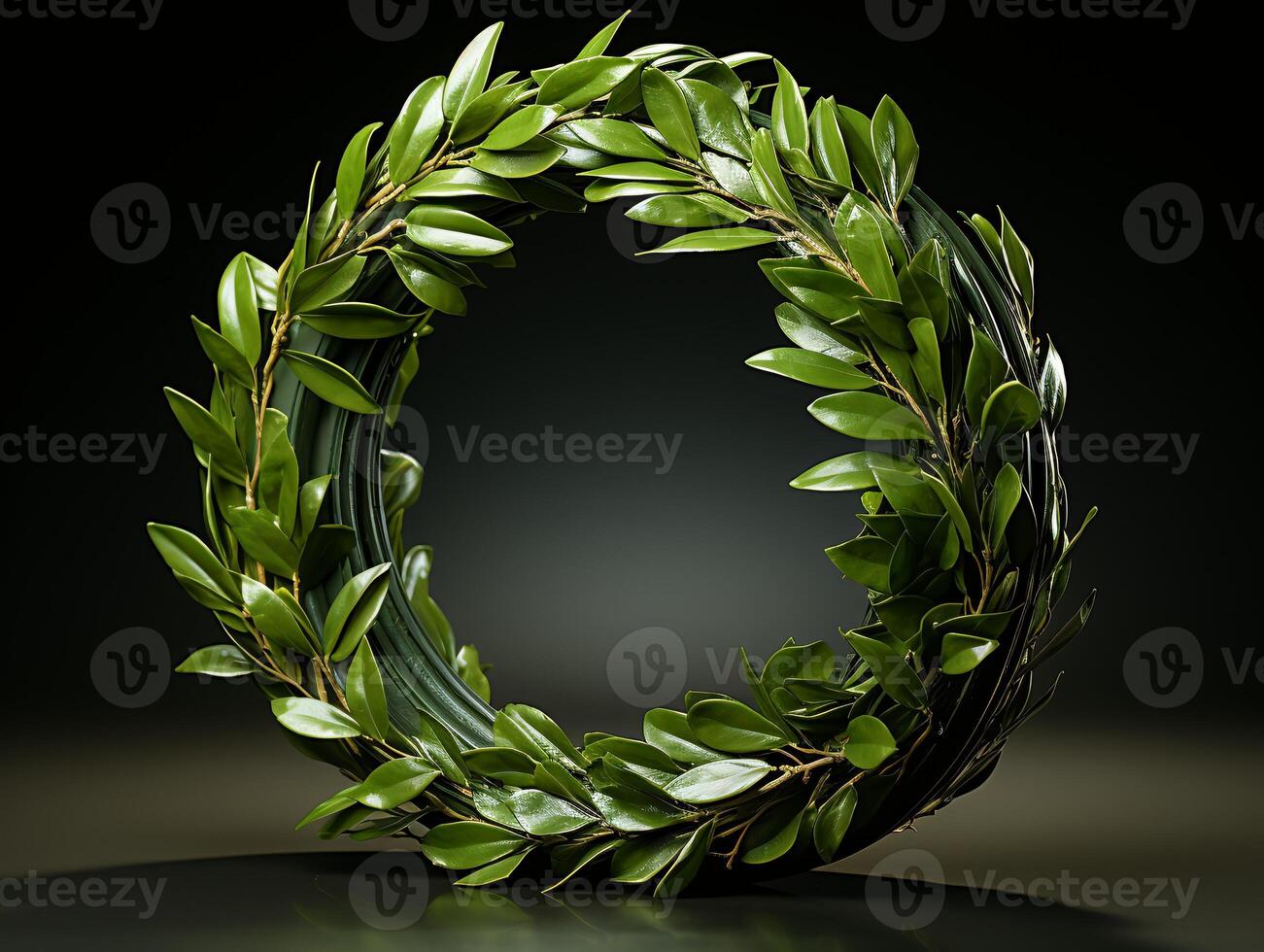 AI generated Nature wreath with green leaves and olives on black background photo