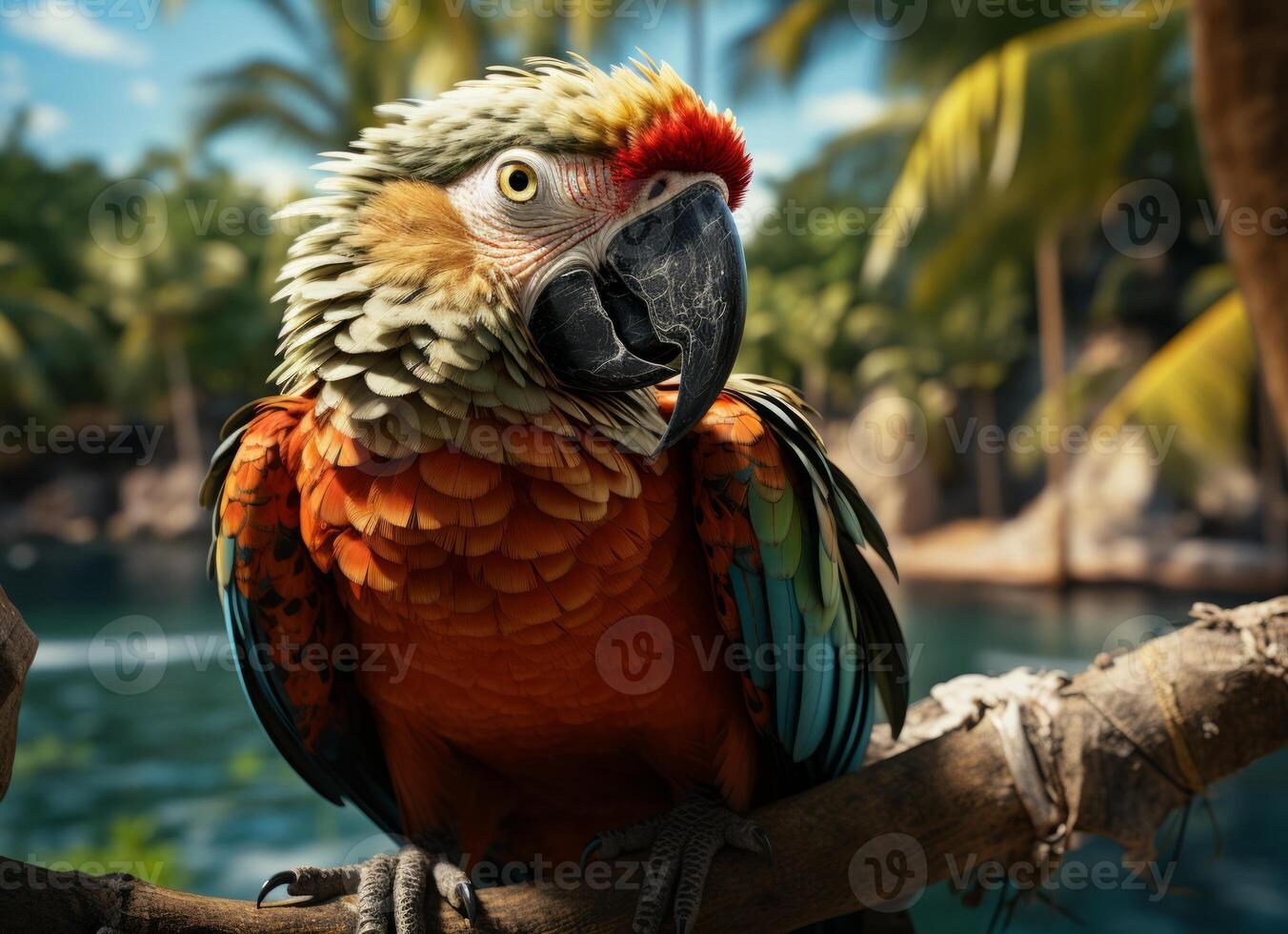 AI generated Parrot on the beach with palm trees and blue sky background. photo