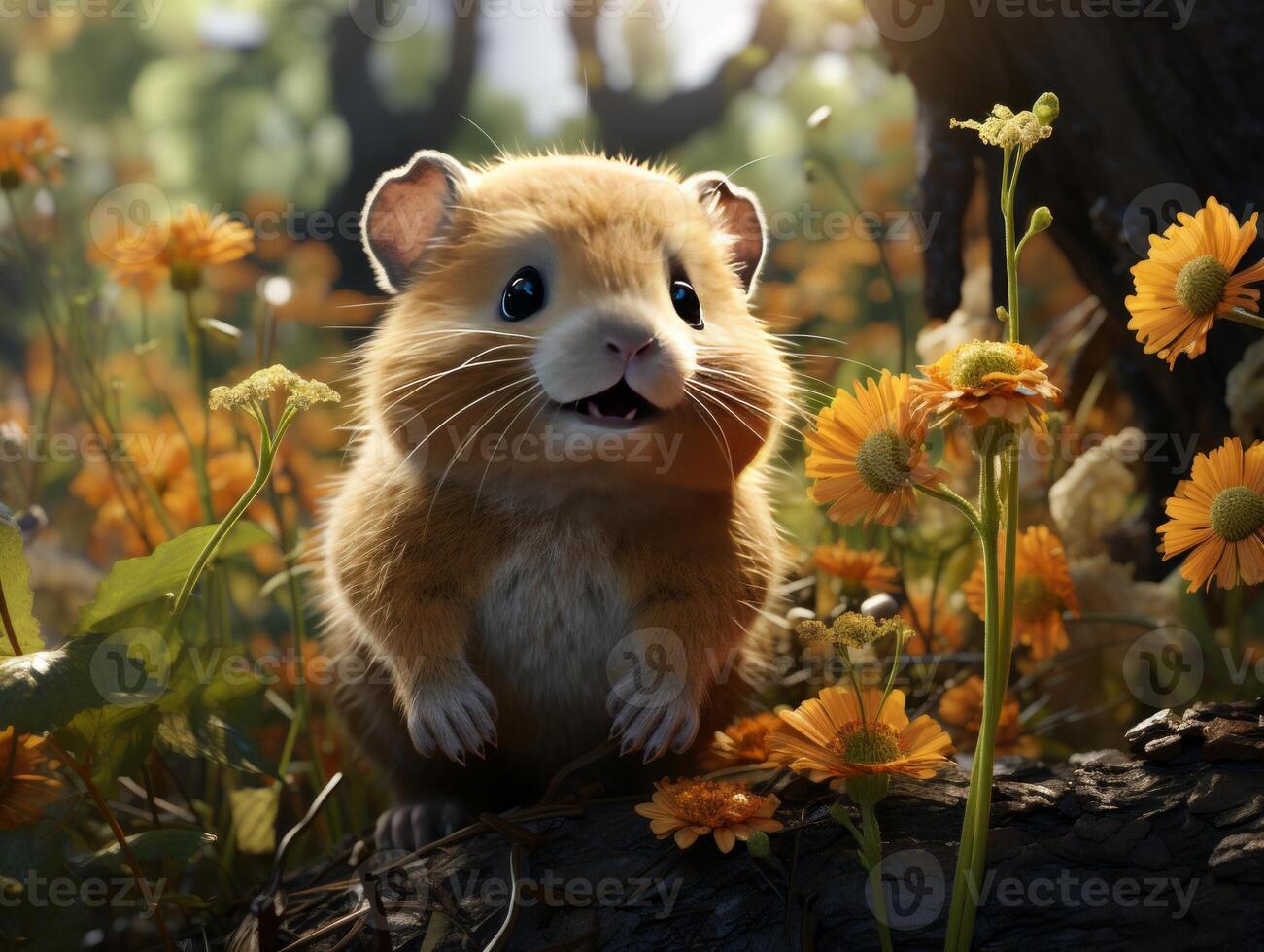 Hamster sits on a branch in the grass in a meadow photo