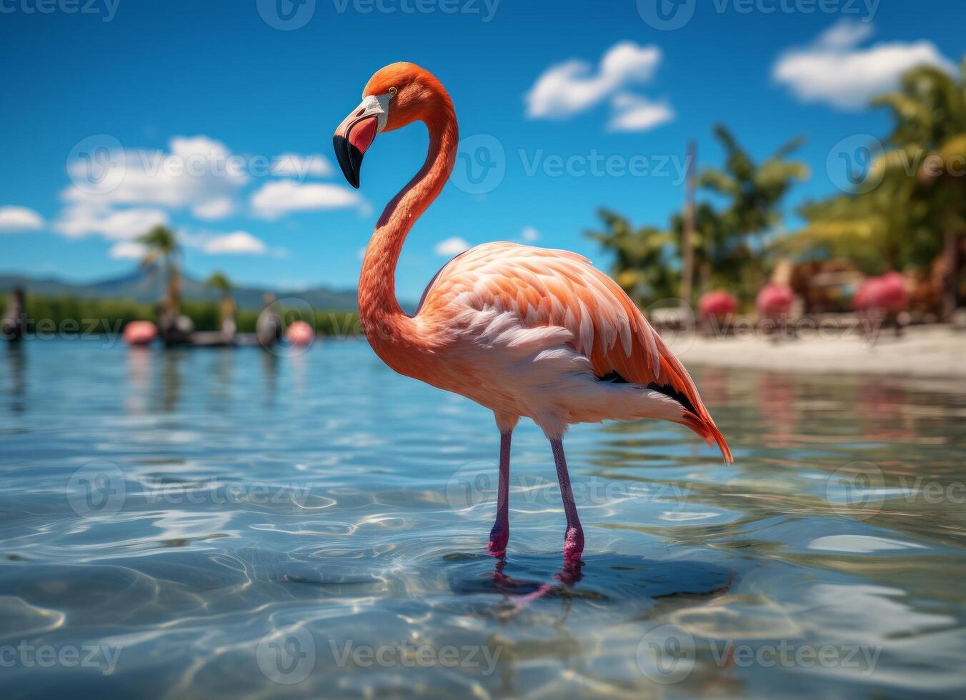 ai generado rosado flamenco en pie en el agua en un hermosa tropical playa. foto