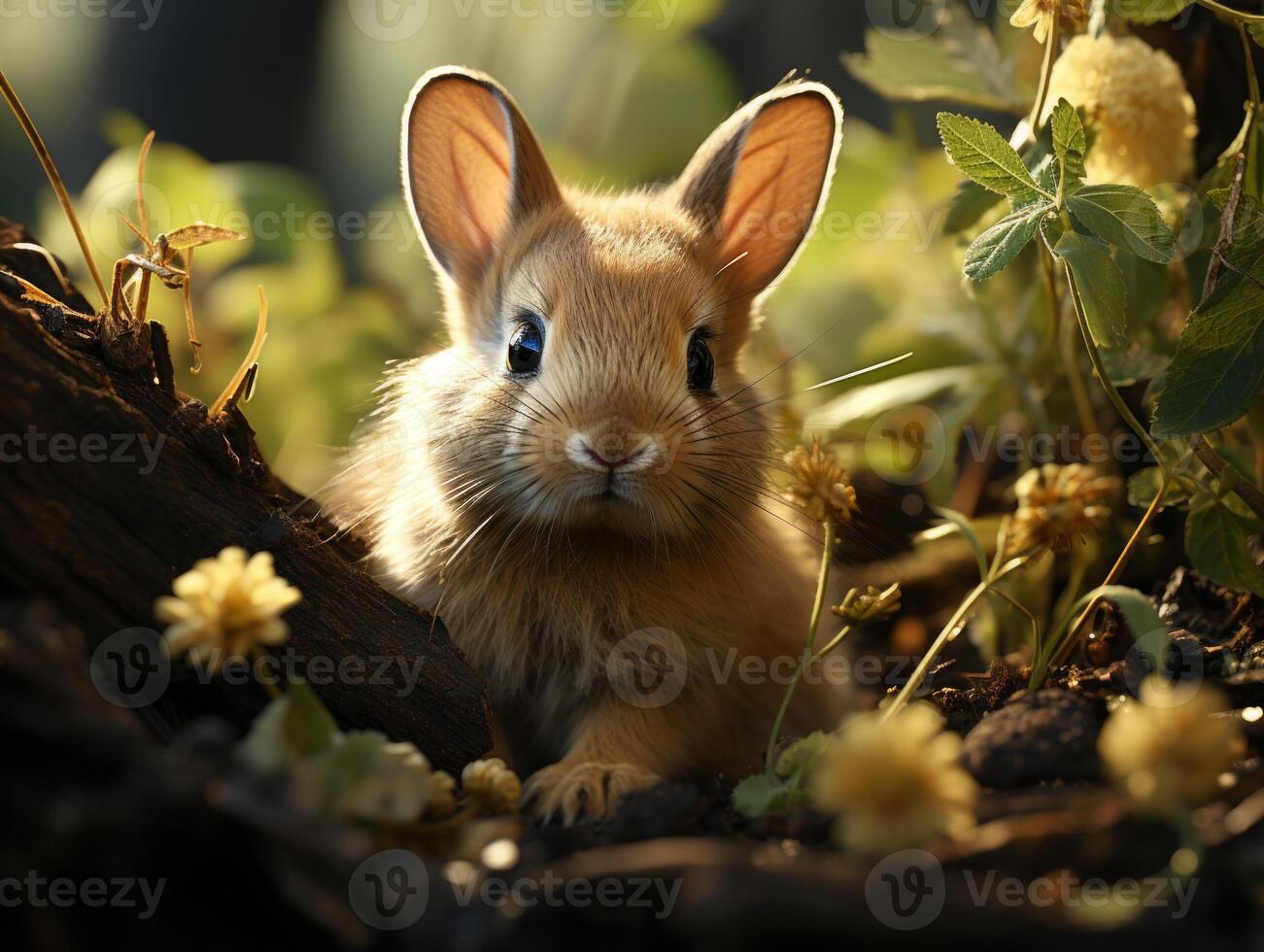 Cute little rabbit sitting in the grass on a sunny day. photo
