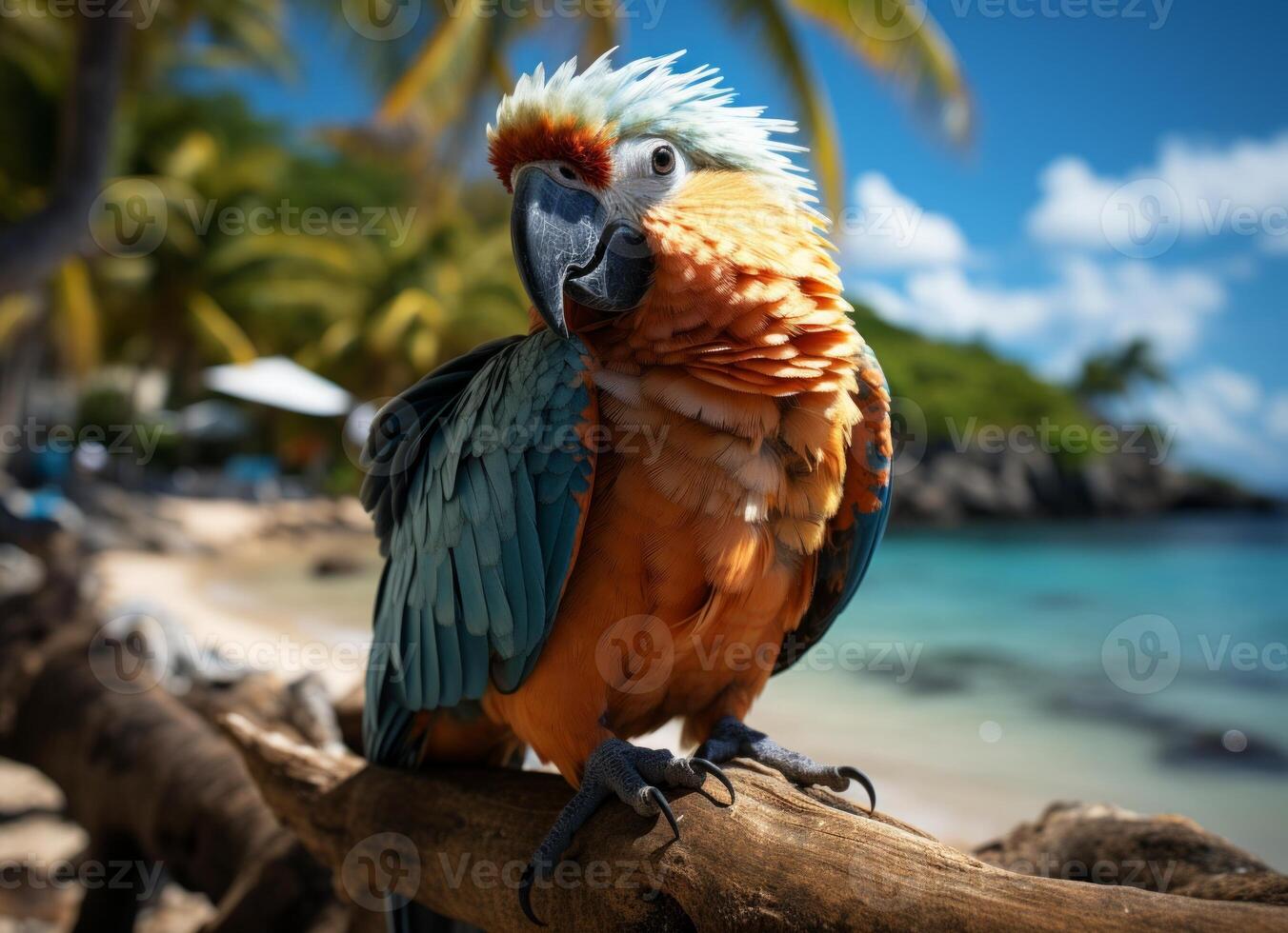 AI generated Parrot on the beach with palm trees and blue sky background. photo