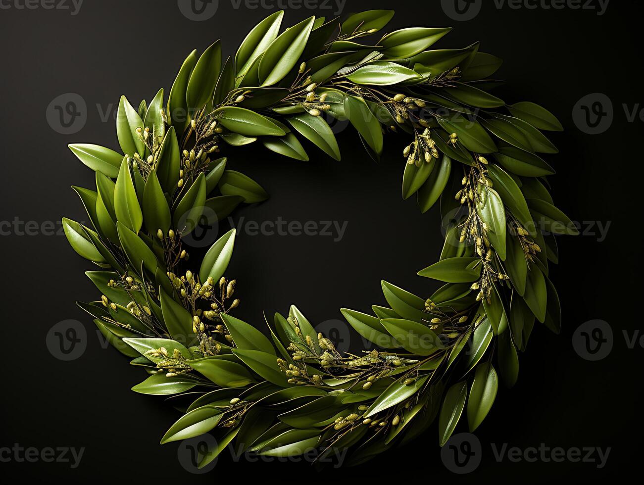 AI generated Nature wreath with green leaves and olives on black background photo