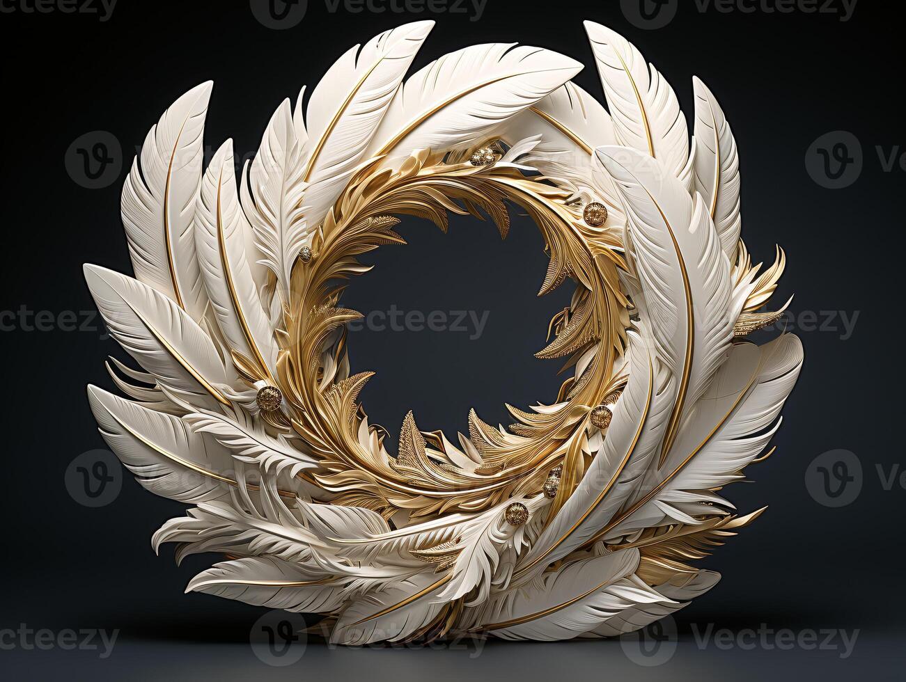 AI generated Beautiful golden and white feathers on a black background. photo