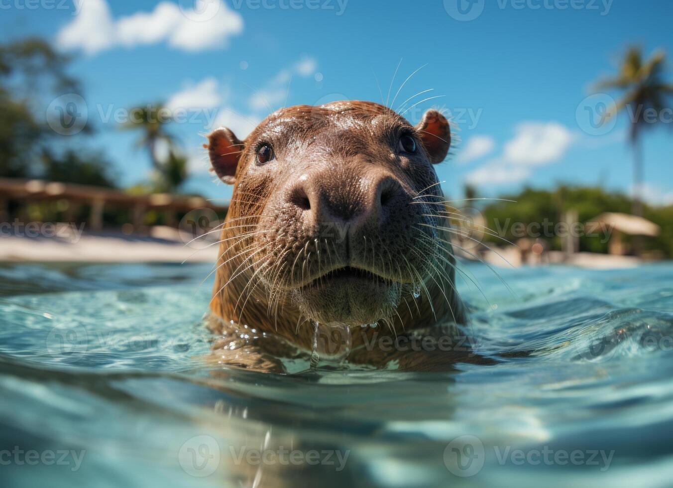 Portrait of a hippopotamuss swimming in tropical sea photo