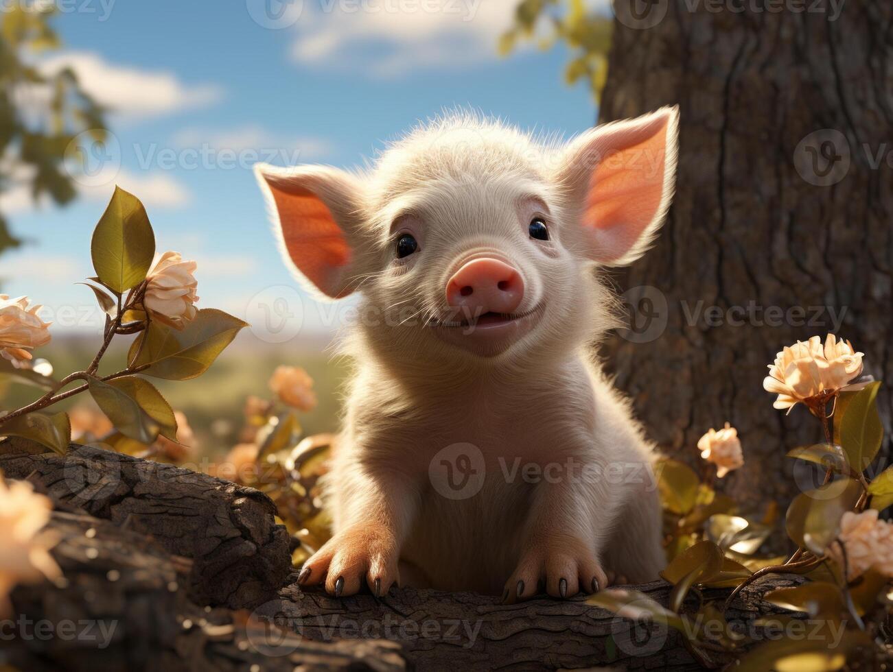 Little piglet in the grass on a background of the blue sky photo