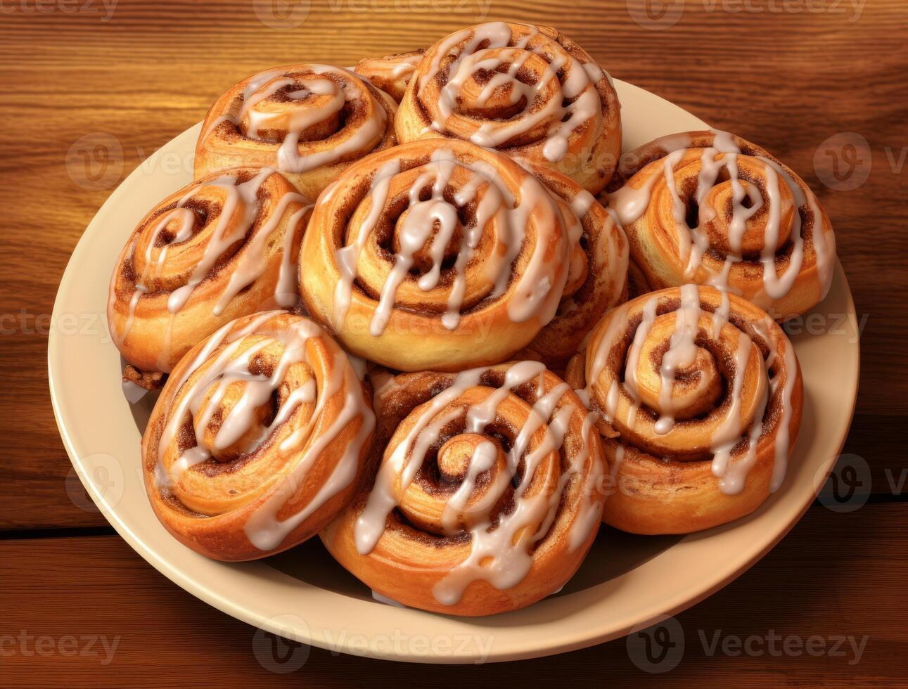 AI generated Freshly baked cinnamon rolls on rustic kitchen photo