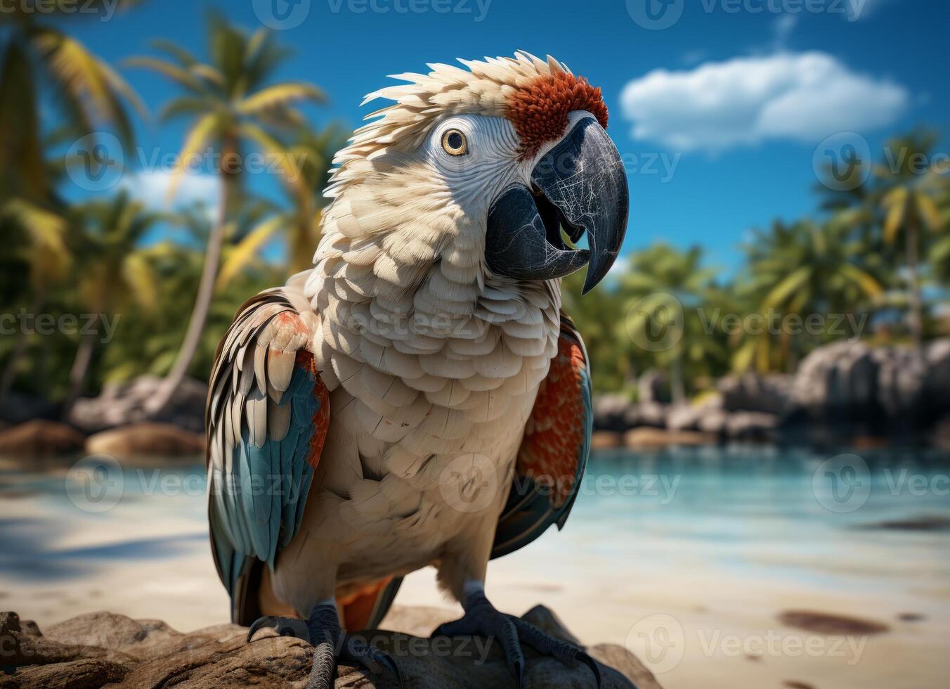 AI generated Parrot on the beach with palm trees and blue sky background. photo