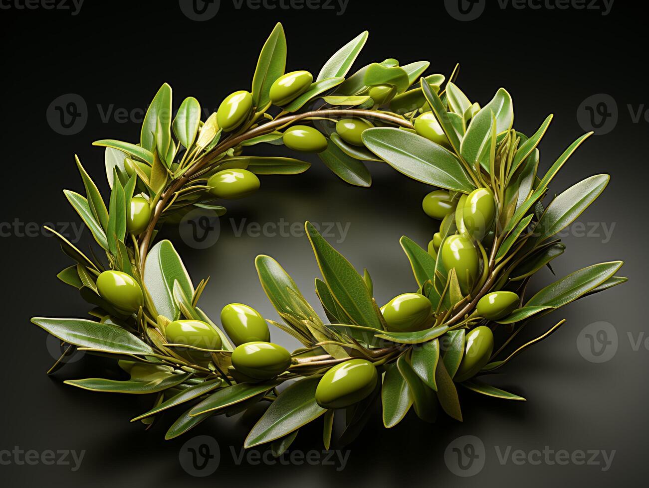 AI generated Nature wreath with green leaves and olives on black background photo