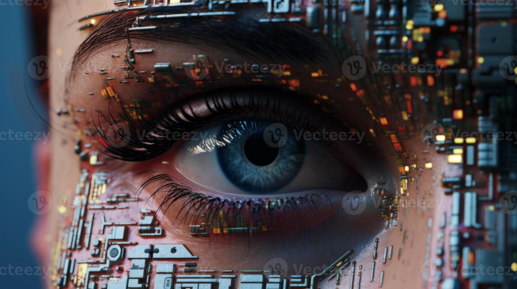 AI generated Artificial intelligence concept. Close up of human eye with circuit board. photo