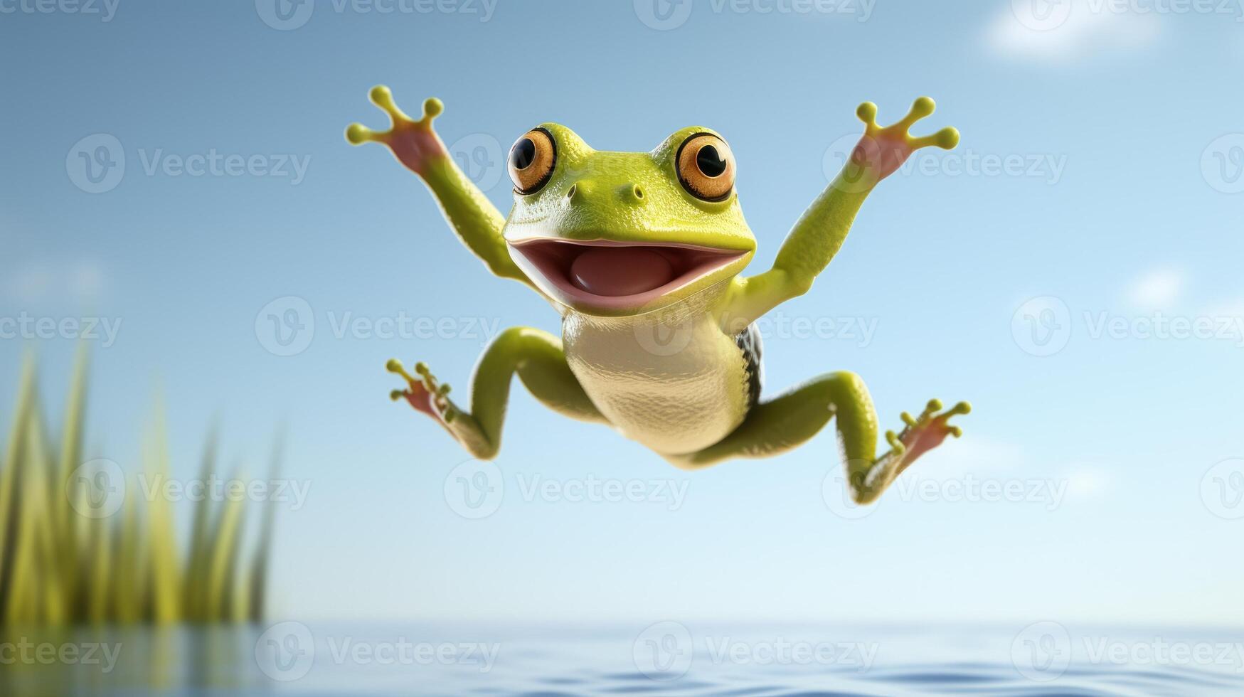AI generated Flying cute little frog character on blue sky background. photo