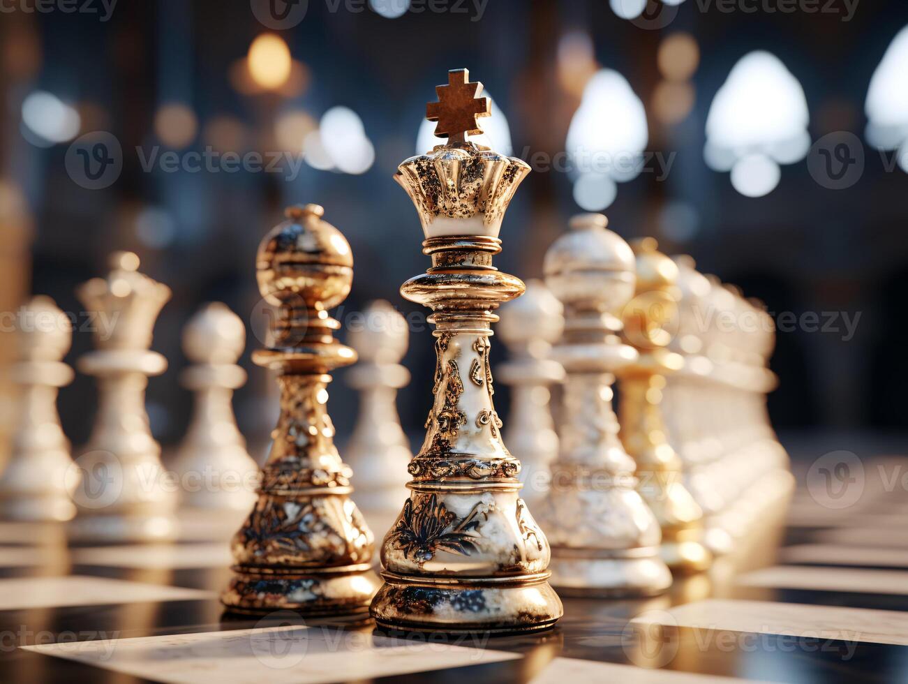 AI generated Chess on a chessboard, business concept of success and leadership photo