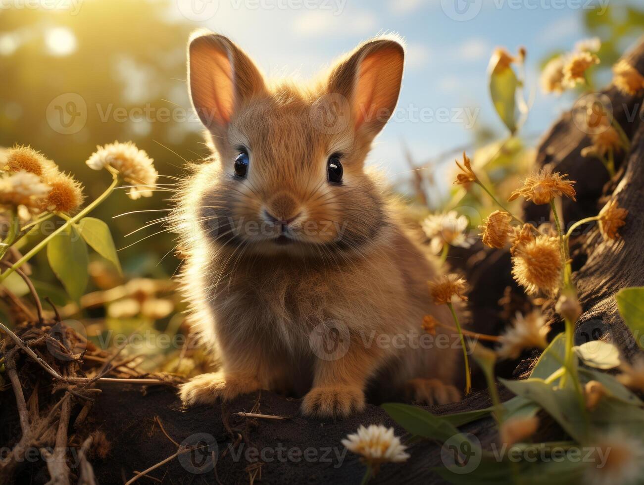Cute little rabbit sitting in the grass on a sunny day. photo