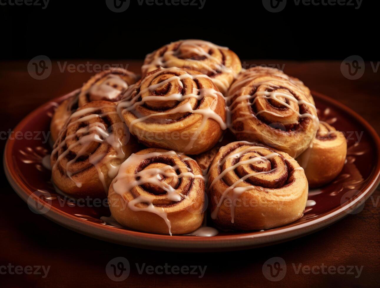 AI generated Freshly baked cinnamon rolls on rustic kitchen photo