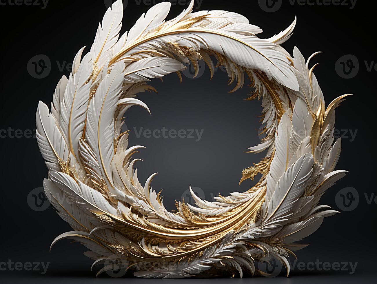 AI generated Beautiful golden and white feathers on a black background. photo