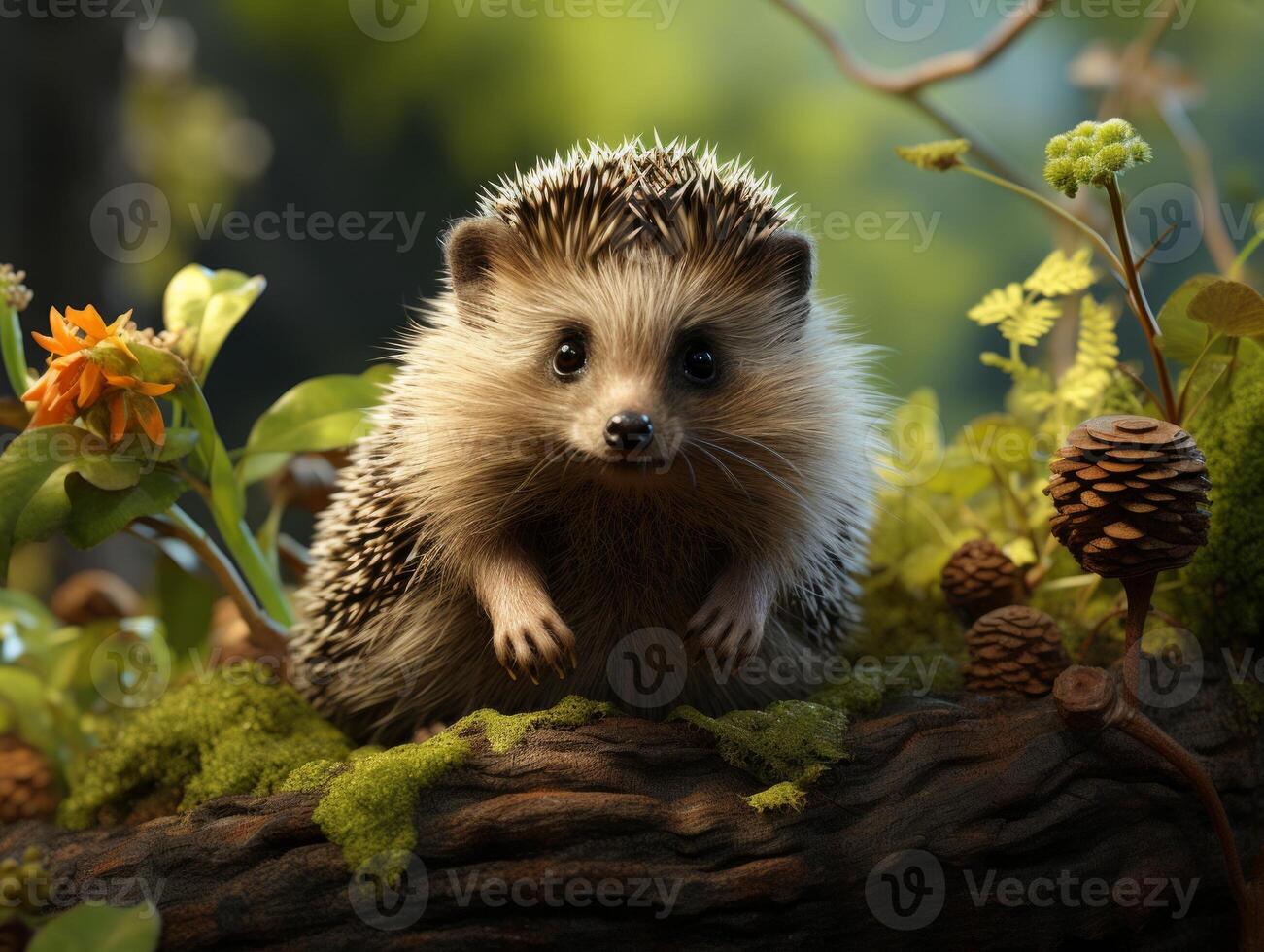 AI generated Cute hedgehog in the forest on a background of autumn leaves photo