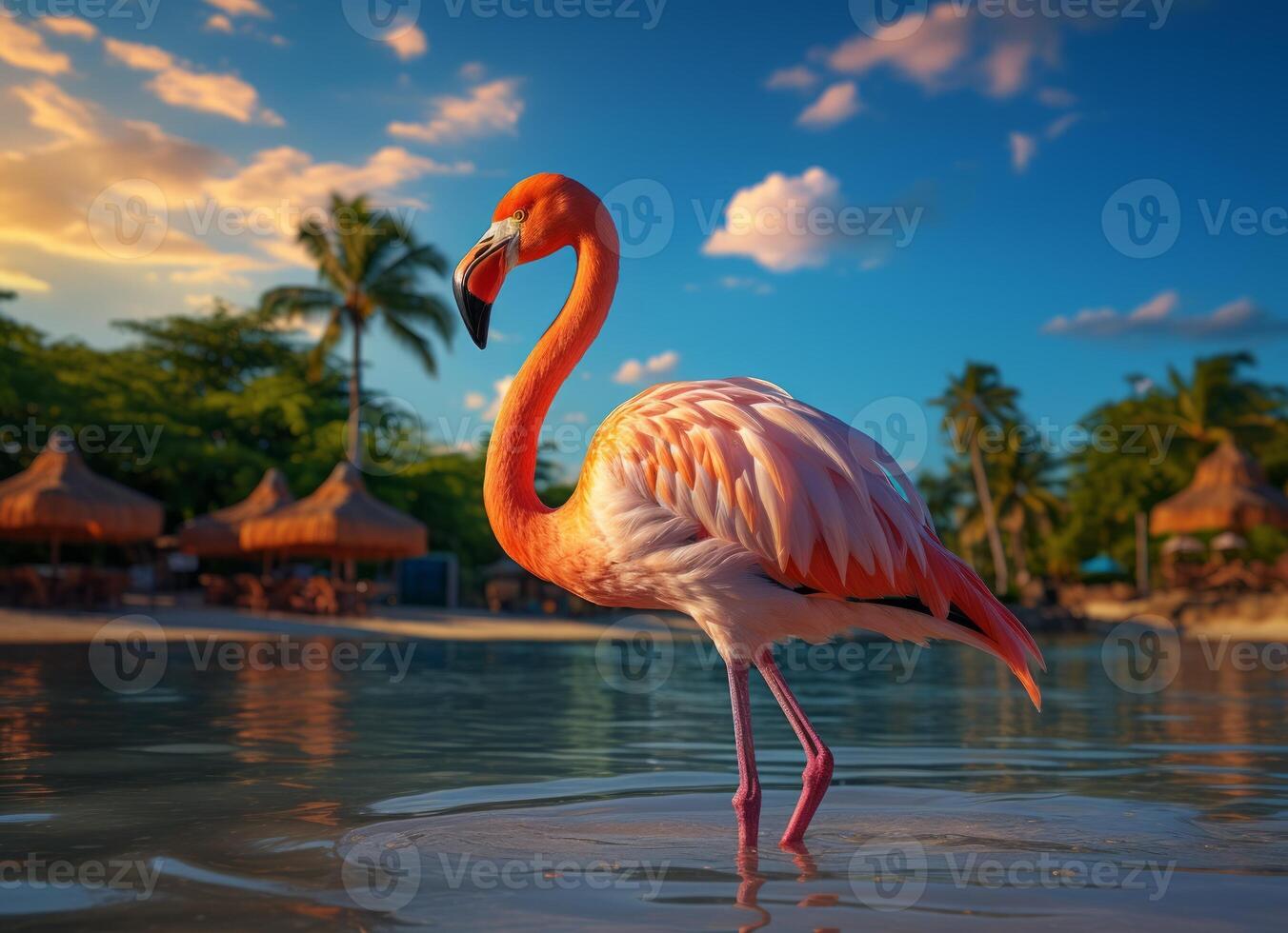 AI generated Pink flamingo standing in the water on a beautiful tropical beach. photo
