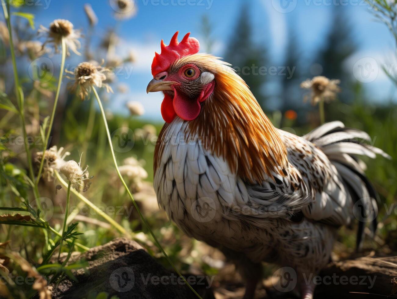 AI generated Chicken in the meadow on a background of wildflowers photo