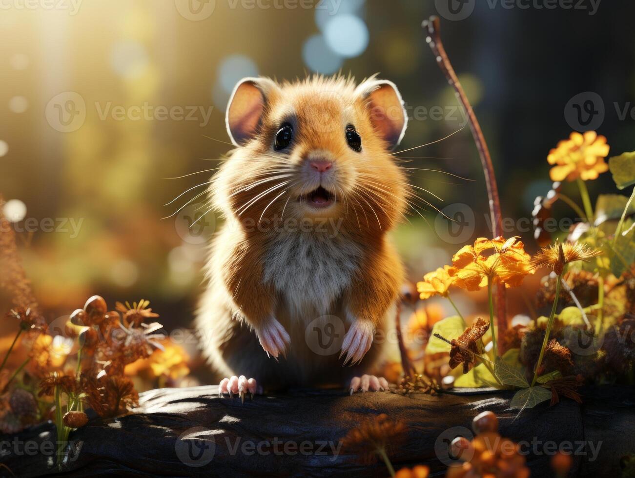 AI generated Hamster sits on a branch in the grass in a meadow photo