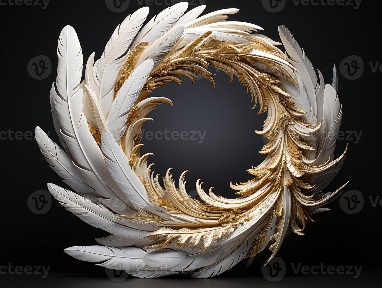 AI generated Beautiful golden and white feathers on a black background. photo