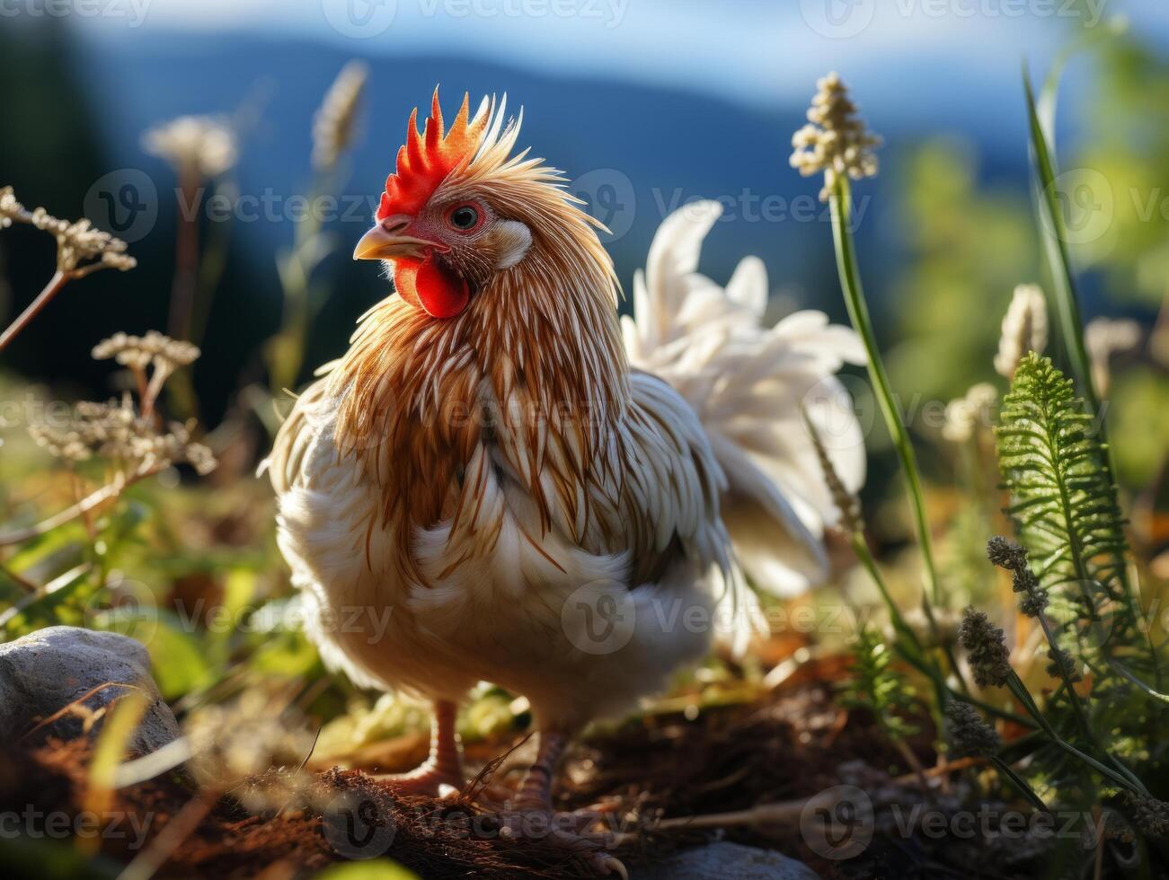 AI generated Chicken in the meadow on a background of wildflowers photo