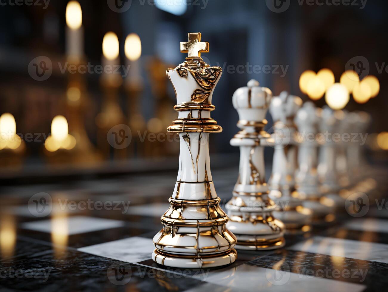 AI generated Chess on a chessboard, business concept of success and leadership photo
