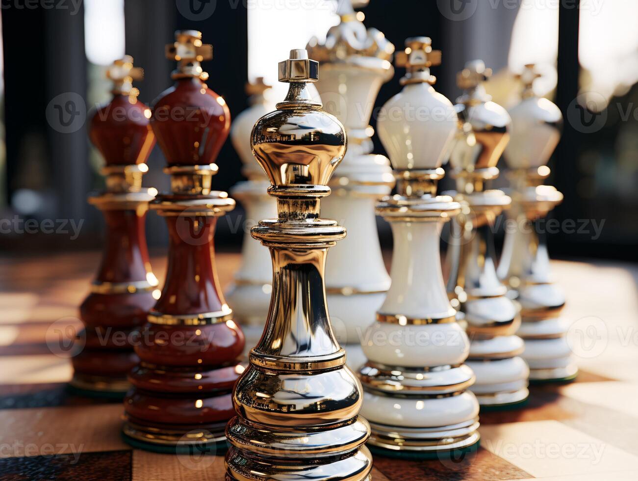 AI generated Chess on a chessboard, business concept of success and leadership photo