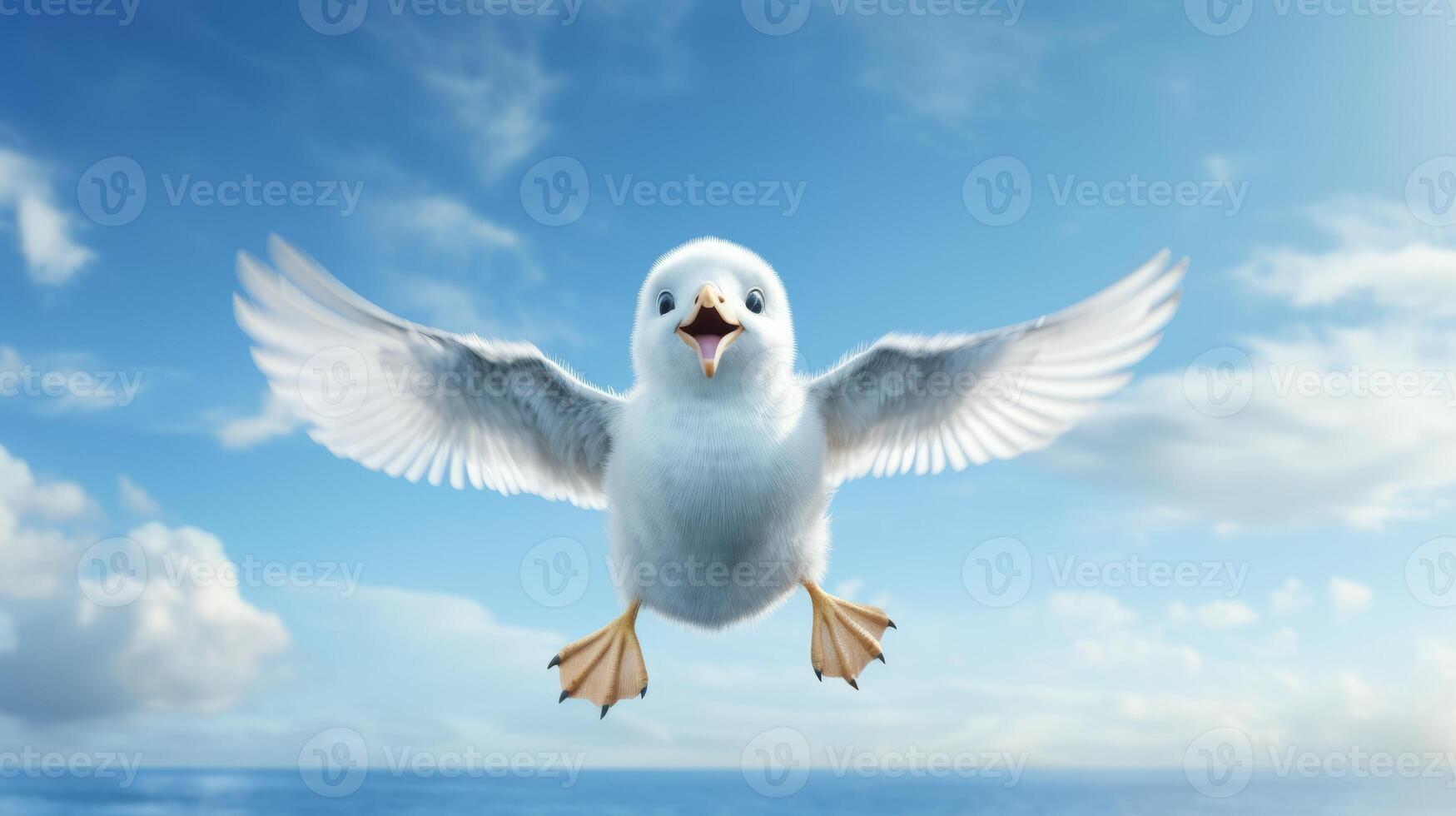 AI generated Flying seagull on blue sky background. photo