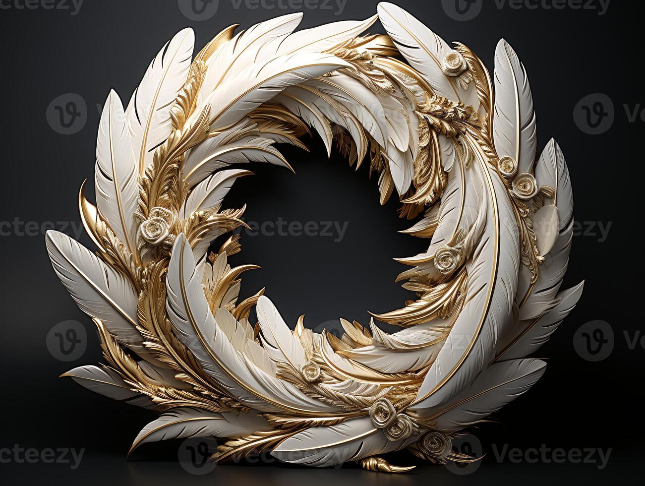 AI generated Beautiful golden and white feathers on a black background. photo