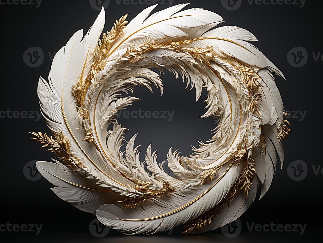 AI generated Beautiful golden and white feathers on a black background. photo