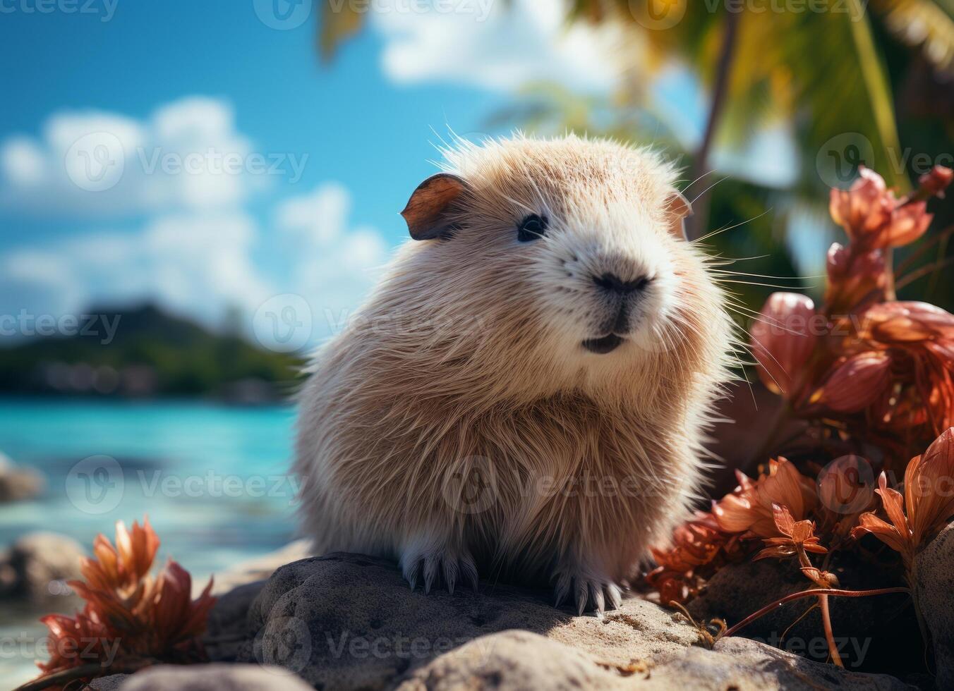 AI generated Hamster on the beach with flowers and blue sky in background. photo