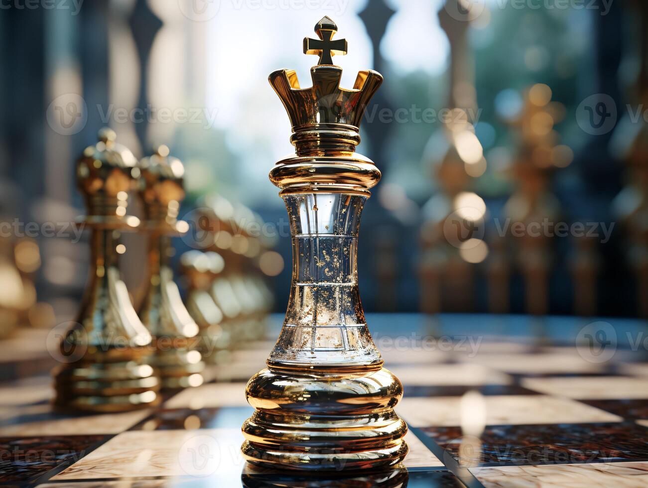 AI generated Chess on a chessboard, business concept of success and leadership photo