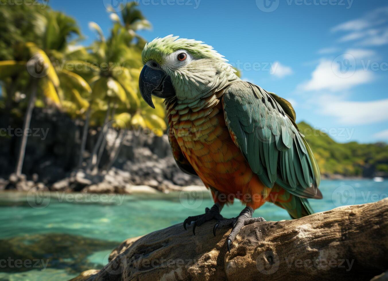 AI generated Parrot on the beach with palm trees and blue sky background. photo