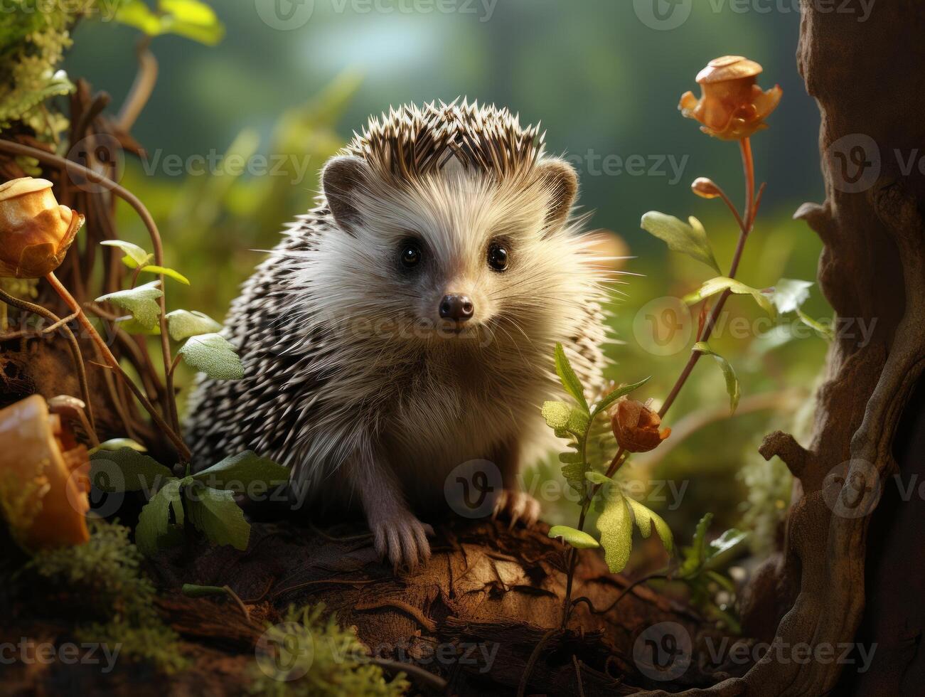 AI generated Cute hedgehog in the forest on a background of autumn leaves photo