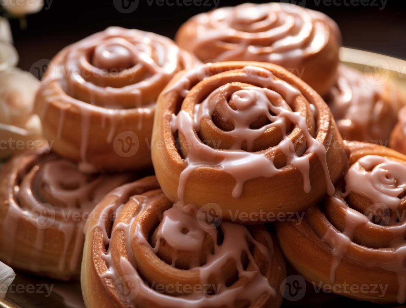 AI generated Freshly baked cinnamon rolls on rustic kitchen photo