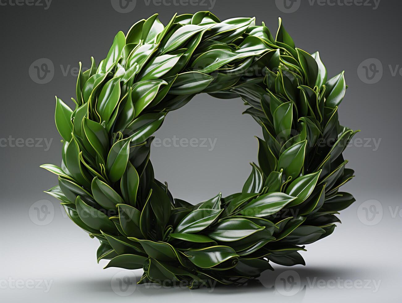 AI generated Christmas wreath with green leaves on black background photo