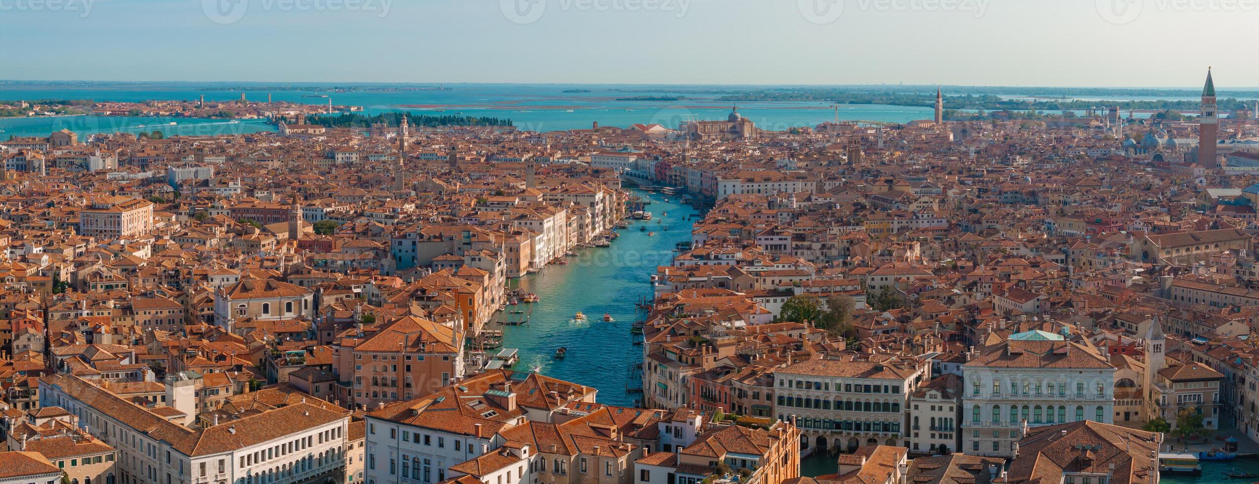 Aerial View of Venice near Saint Mark's Square, Rialto bridge and narrow canals. photo