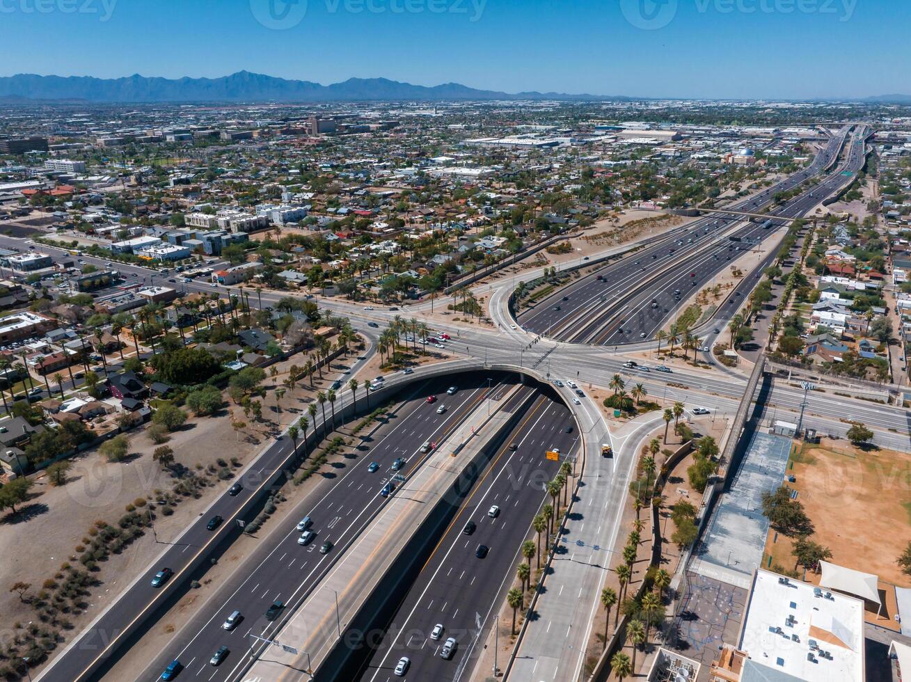 Aerial view of the highway and crossroads intersections in Phoenix, USA. photo