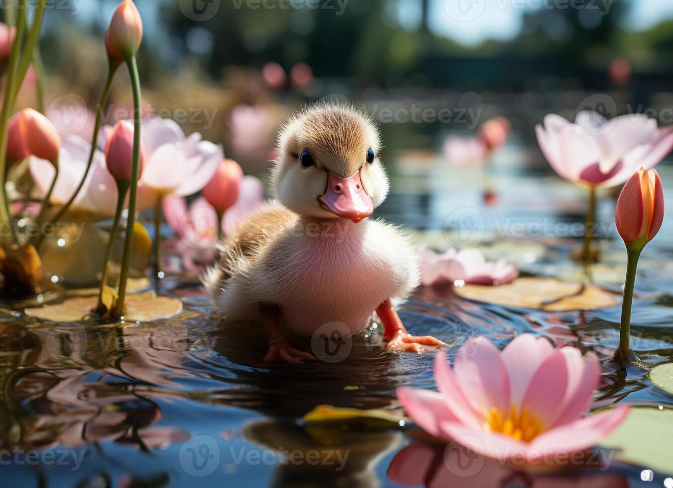 AI generated Little duckling swimming in a lake with pink water lilies. photo