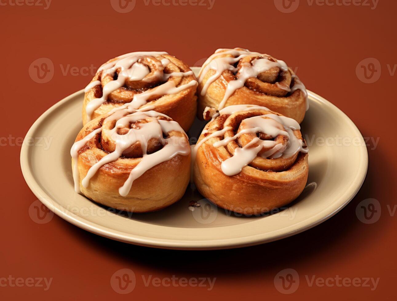 AI generated Freshly baked cinnamon rolls on rustic kitchen photo