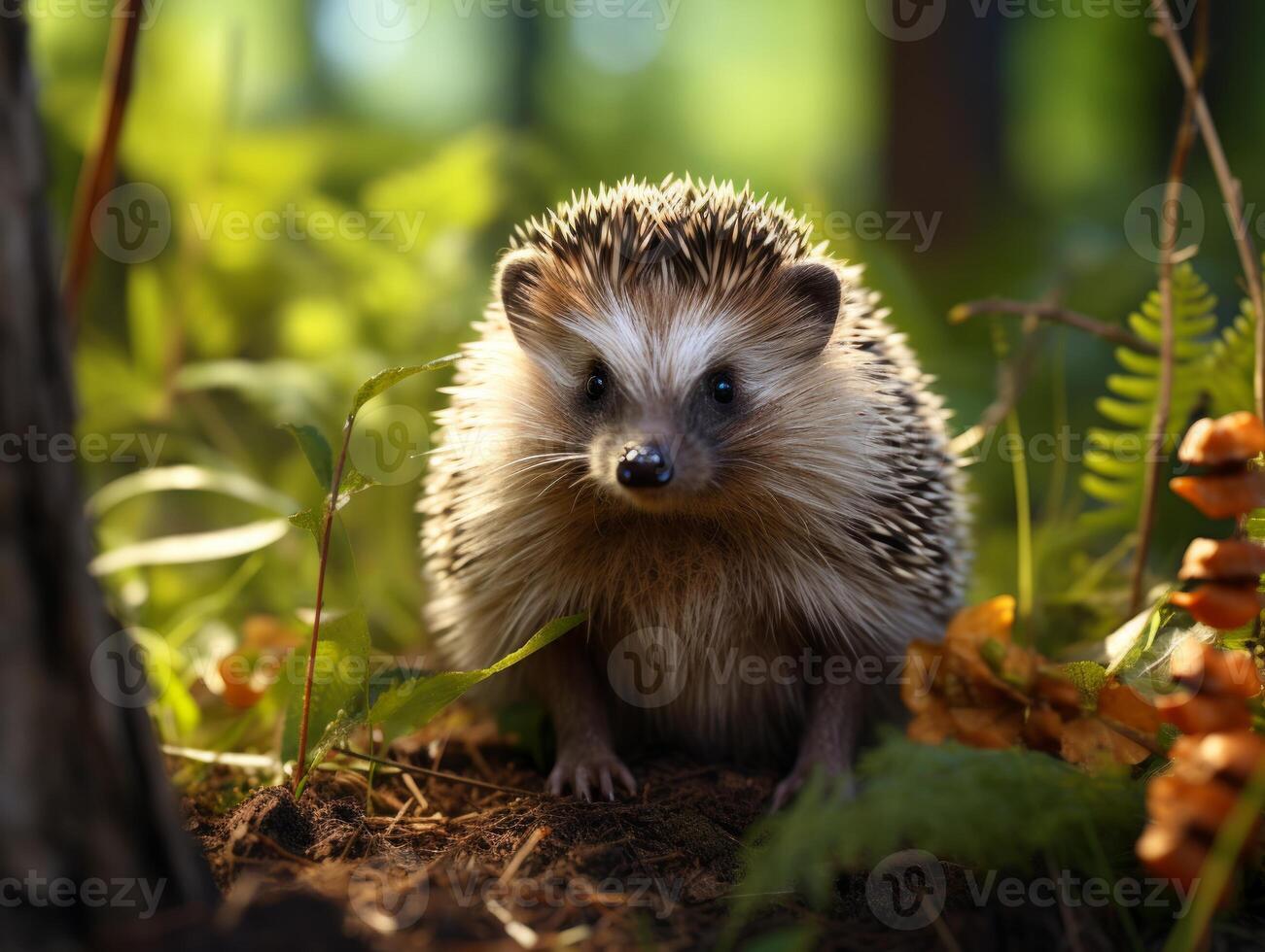 AI generated Cute hedgehog in the forest on a background of autumn leaves photo