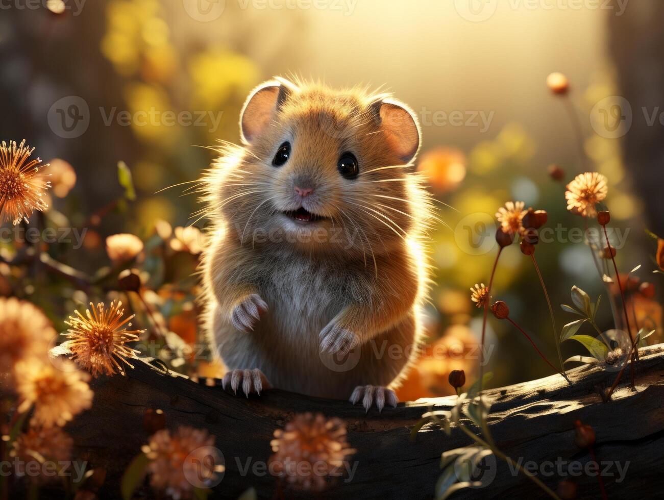Hamster sits on a branch in the grass in a meadow photo