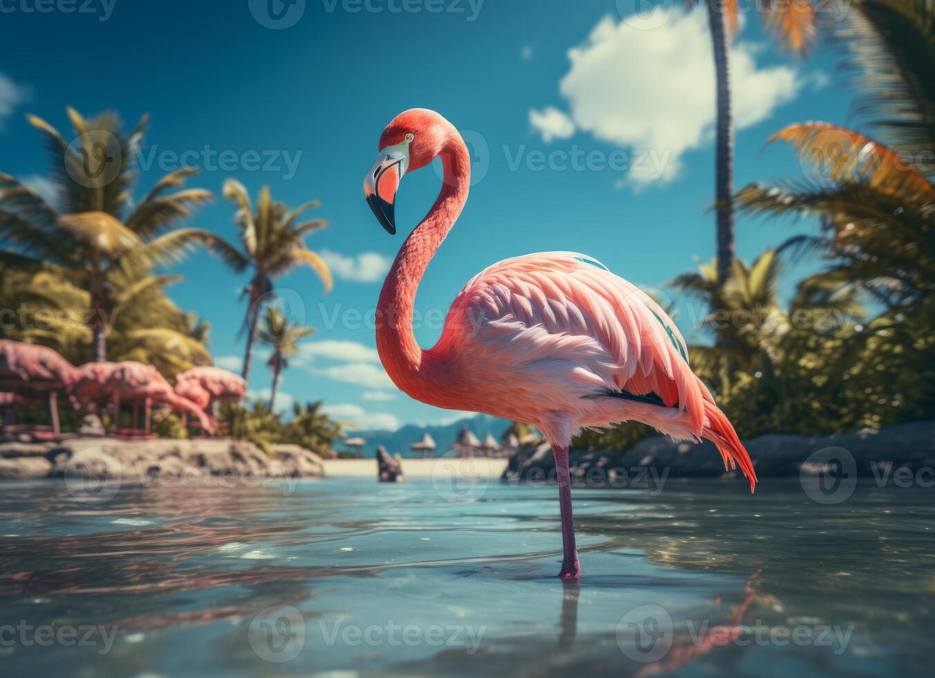 AI generated Pink flamingo standing in the water on a beautiful tropical beach. photo