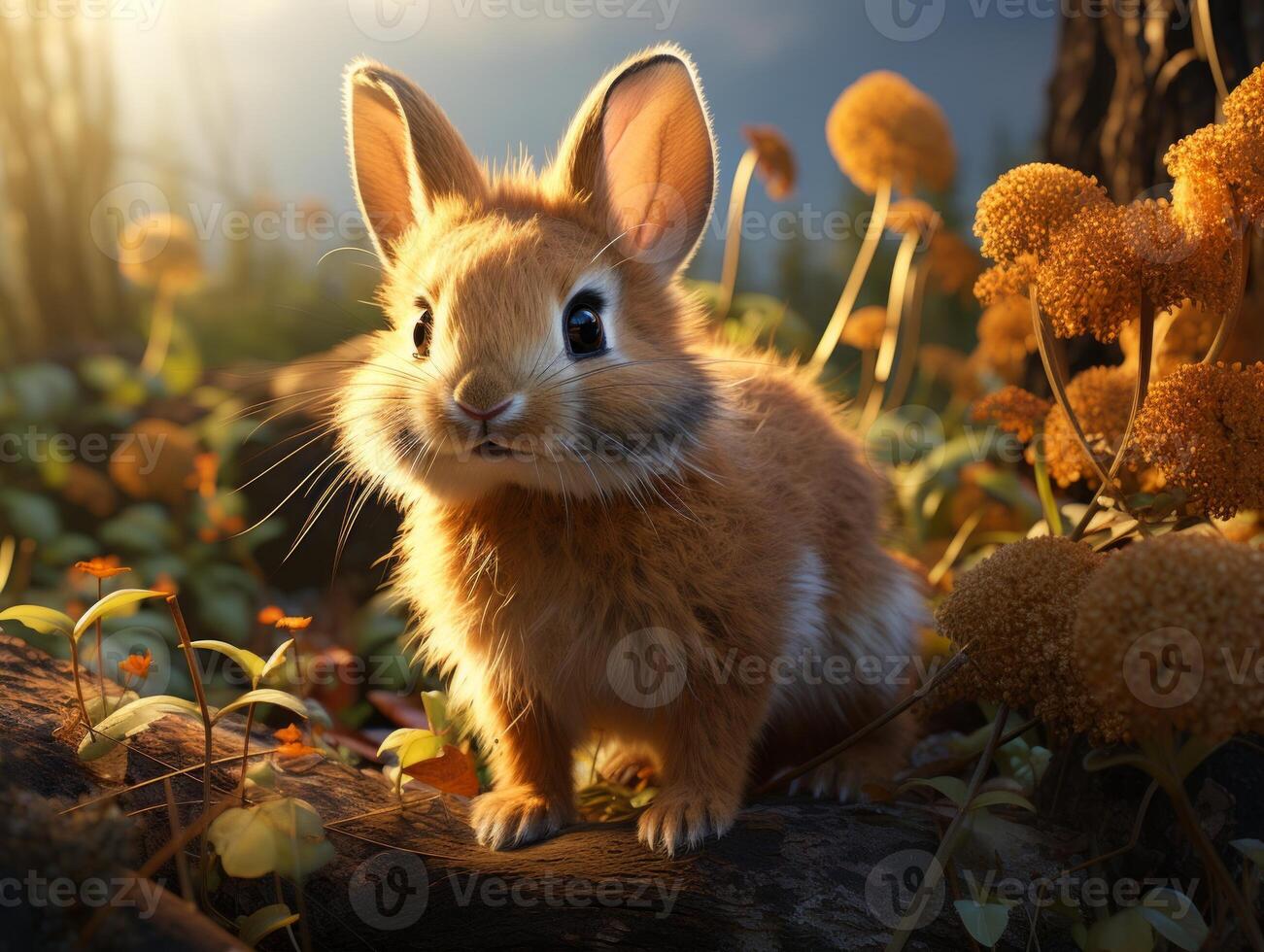 Cute little rabbit sitting in the grass on a sunny day. photo
