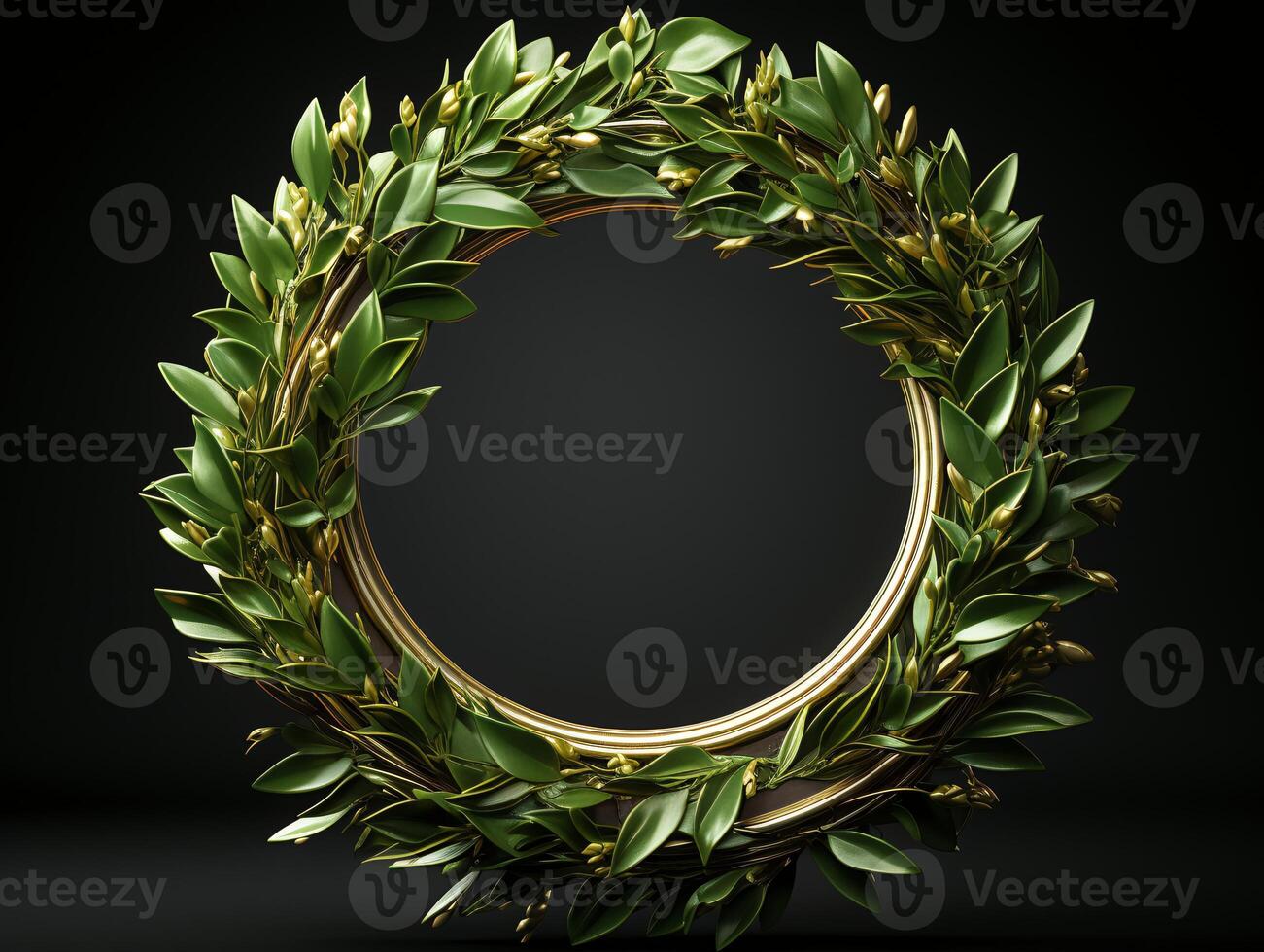 AI generated Christmas wreath with green leaves on black background photo