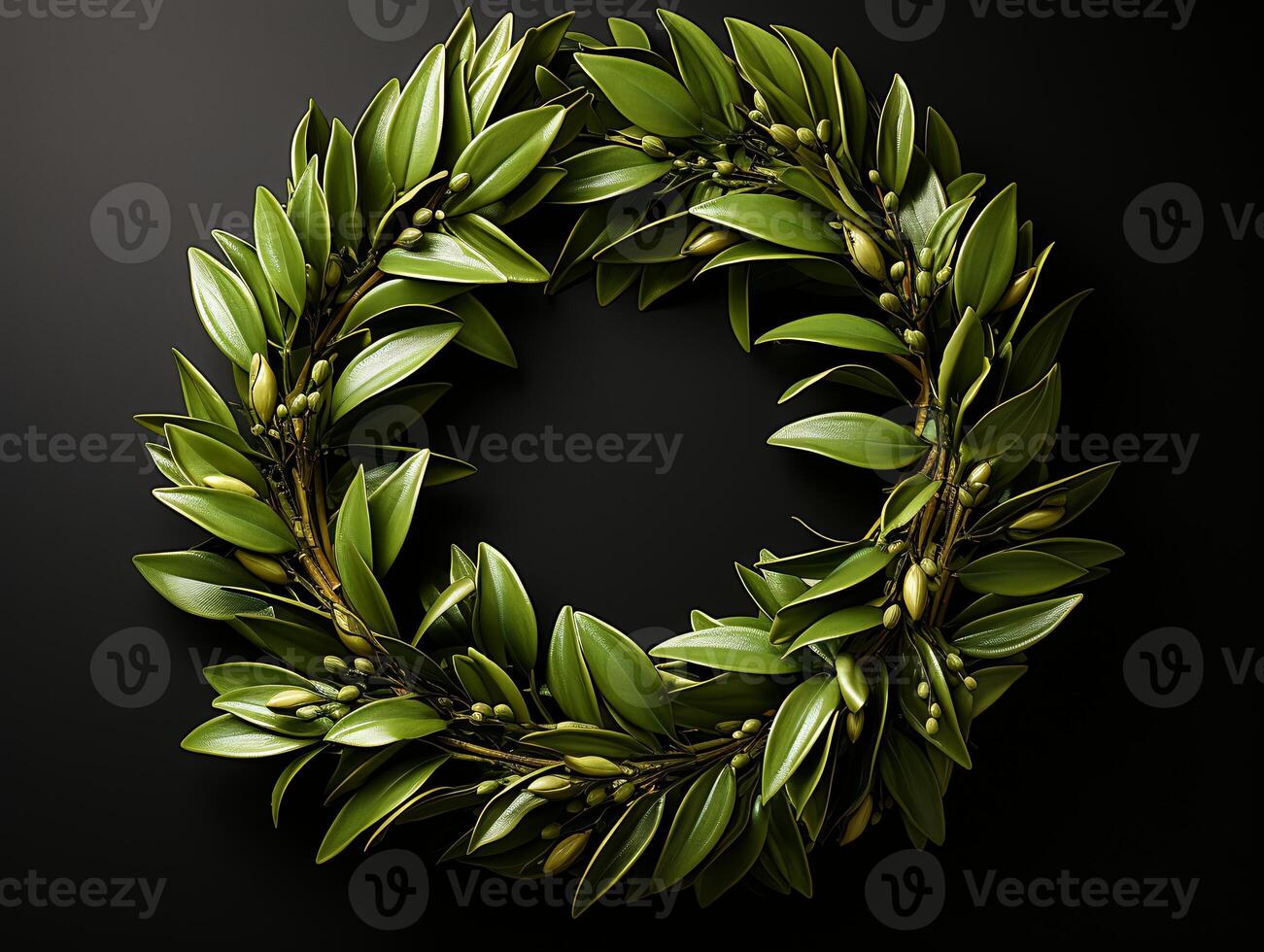 AI generated Nature wreath with green leaves and olives on black background photo