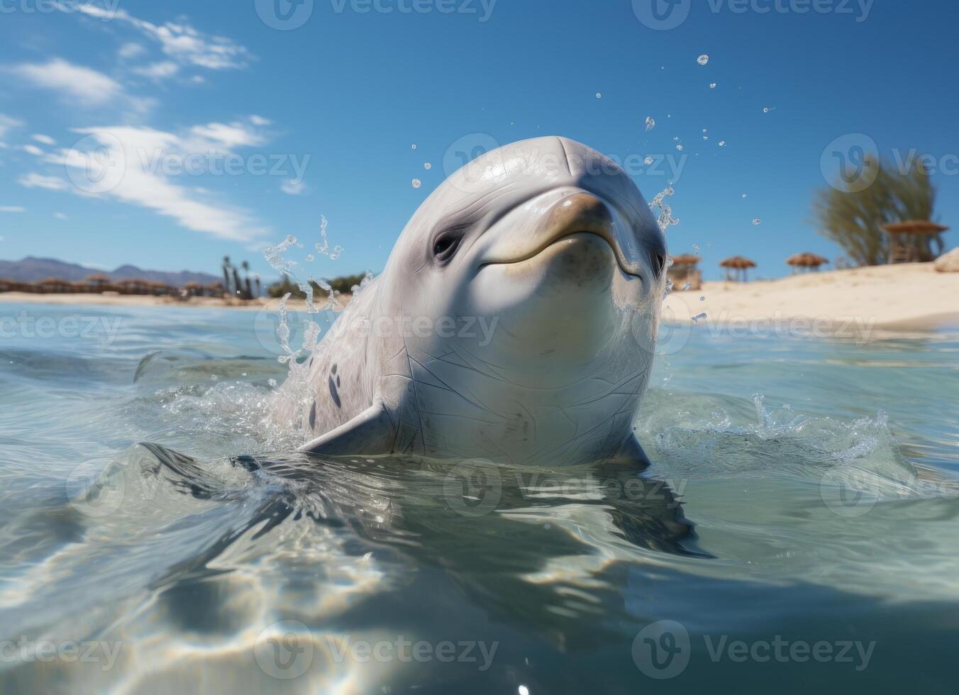 AI generated Dolphin swims in the sea with splashes of water. photo