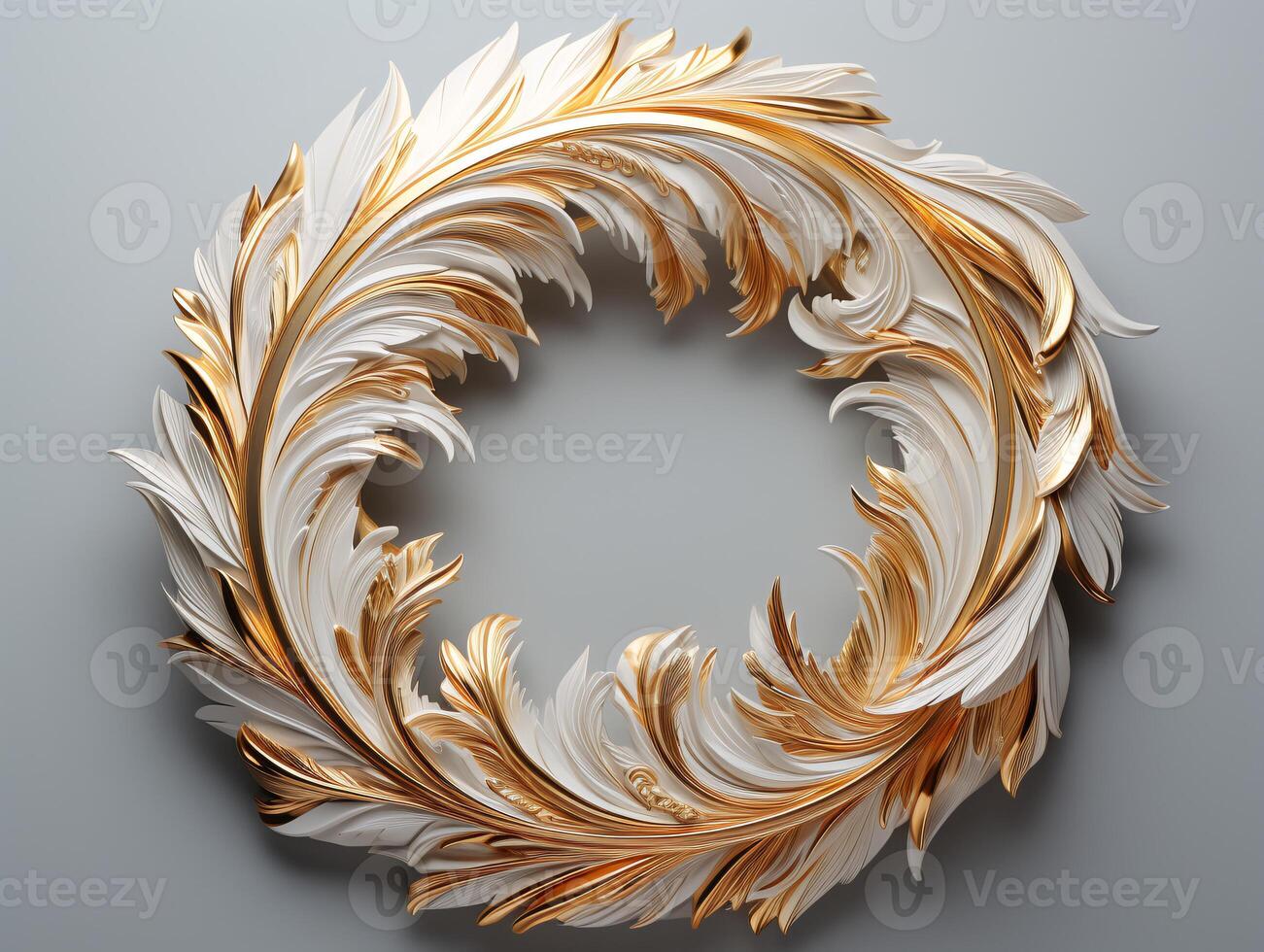 AI generated Beautiful golden and white feathers on a white background. photo