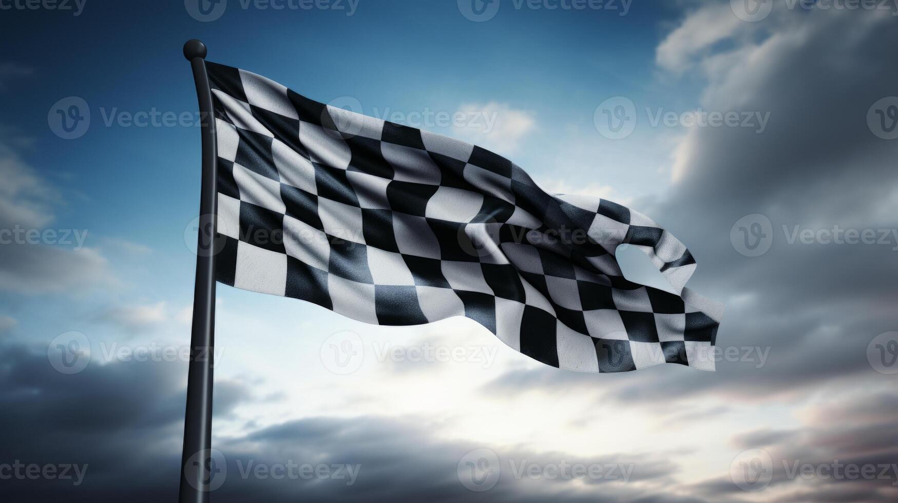 AI generated Race flag waving in the wind over asphalt road with cloudy sky background photo